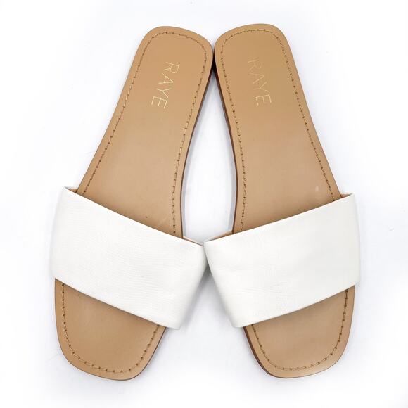 Raye Houston Sandals White Wide Strap Flat‎ Slides Leather Square Sz 8.5 - Picture 2 of 8
